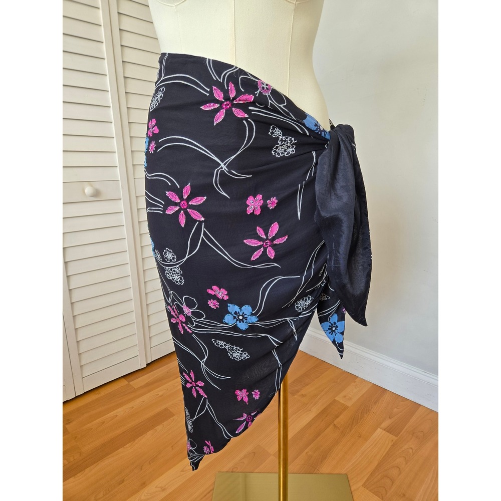 Caite‎ Black Beaded Floral Wrap Sarong Scarf Shawl Rayon L Whimsigoth Boho Artsy
